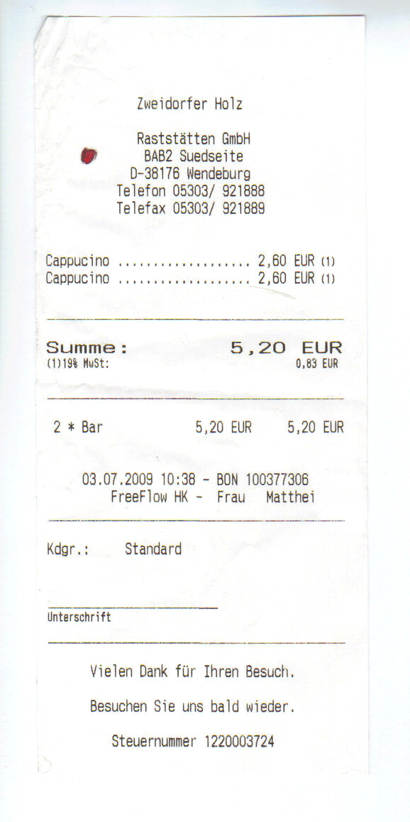 Quittung Rasthof Zweidorfer Holz